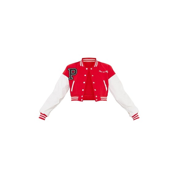 PrettyLittleThing Jackets & Blazers - NWT PRETTYLITTLETHING Red & White Varsity Cropped Bomber Jacket  Size S‎